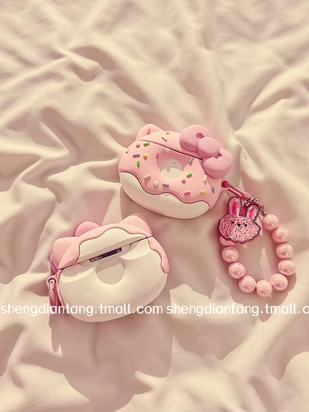Sevimli Donut Kedi AirPods 3 Kılıfı - Pudra Fiyonk KT Donut + Pudra Boncuklu Tavşan Zincirli - 4