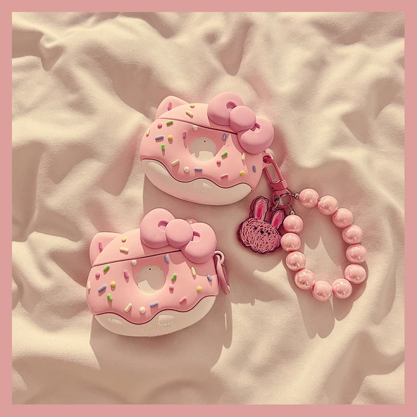 Sevimli Donut Kedi AirPods 3 Kılıfı - Pudra Fiyonk KT Donut + Pudra Boncuklu Tavşan Zincirli - 7