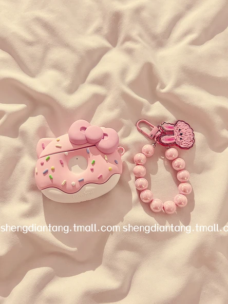 Sevimli Donut Kedi AirPods Kılıfı - Pembe Fiyonk KT Donut + Kancalı - 5