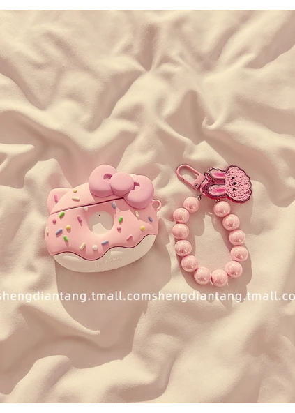 Sevimli Donut Kedi AirPods 3 Kılıfı - Pudra Fiyonk KT Donut + Pudra Boncuklu Tavşan Zincirli - 11