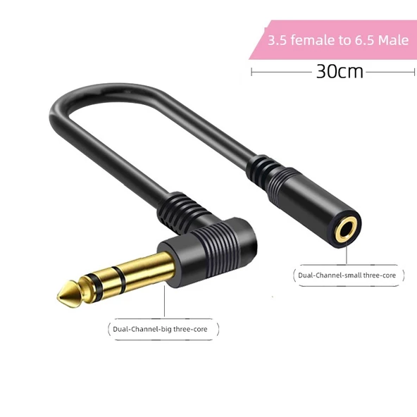 Çift Kanallı 3.5mm Dişi - 6.5mm Erkek 90 Derece 0.3m Ses Adaptör Kablosu