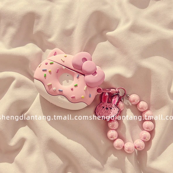 Sevimli Donut Kedi AirPods 3 Kılıfı - Pudra Fiyonk KT Donut + Pudra Boncuklu Tavşan Zincirli