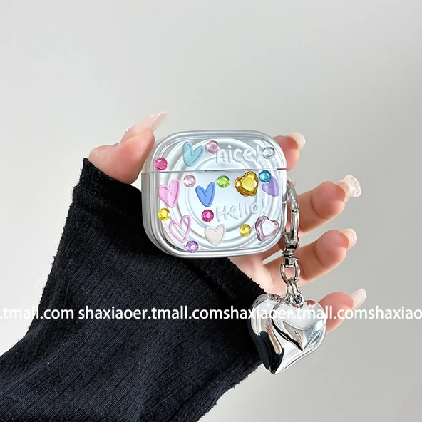 AirPods Pro Uyumlu DIY Elmas Dalga Desenli Koruyucu Kılıf - Tek Kabuk + DIY Elmas + Kolye