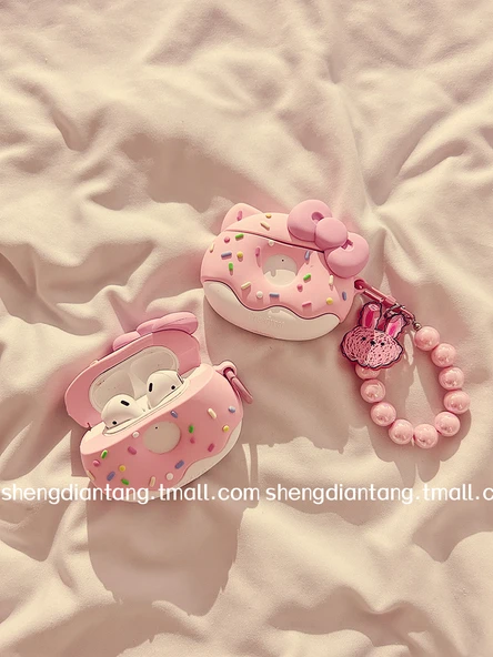 Sevimli Donut Kedi AirPods 3 Kılıfı - Pudra Fiyonk KT Donut + Pudra Boncuklu Tavşan Zincirli - 3