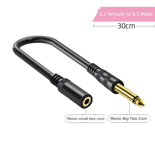 Çift Kanallı 6.5mm Dişi - 3.5mm Erkek 90 Derece 0.3m Ses Adaptör Kablosu - 8