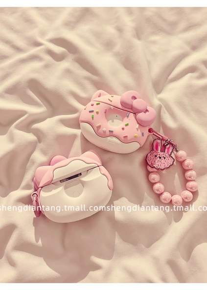 Sevimli Donut Kedi AirPods 3 Kılıfı - Pudra Fiyonk KT Donut + Pudra Boncuklu Tavşan Zincirli - 10
