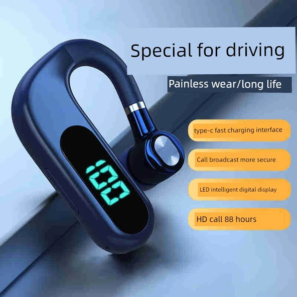 Tek Kulak Bluetooth Kulaklık - Mavi - Dijital Ekranlı