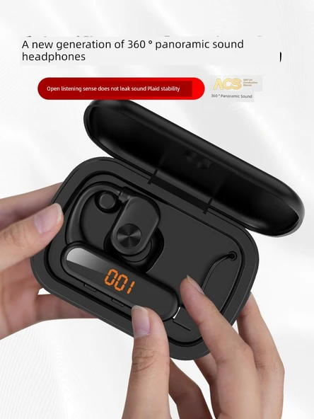Siyah Hava İletimli Bluetooth Kulaklık - Şarj Kutulu ve Başlıklı, Dijital Ekranlı Yeni Model 5.4 - 3