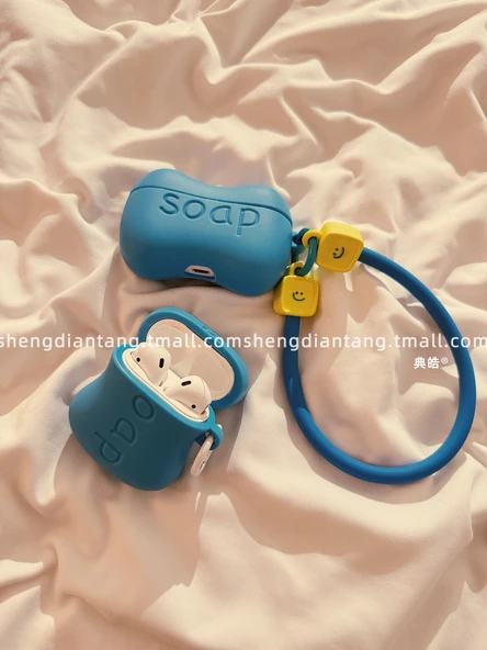 Apple AirPods (Yeni 3. Nesil) için Komik Mavi Sabun Silikon Kılıf - Mavi Sabun + Mavi Gülen Yüz Bilek İpi - 2