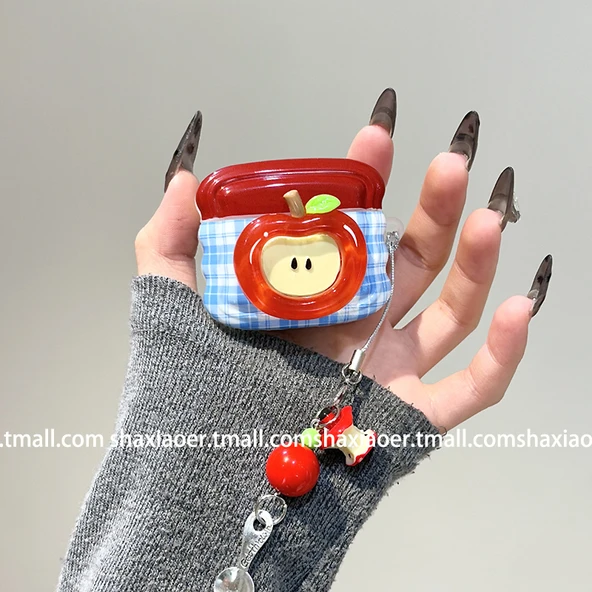 AirPods Ekose Desenli 3D Elma Çekirdekli Koruyucu Kılıf ve Kolye