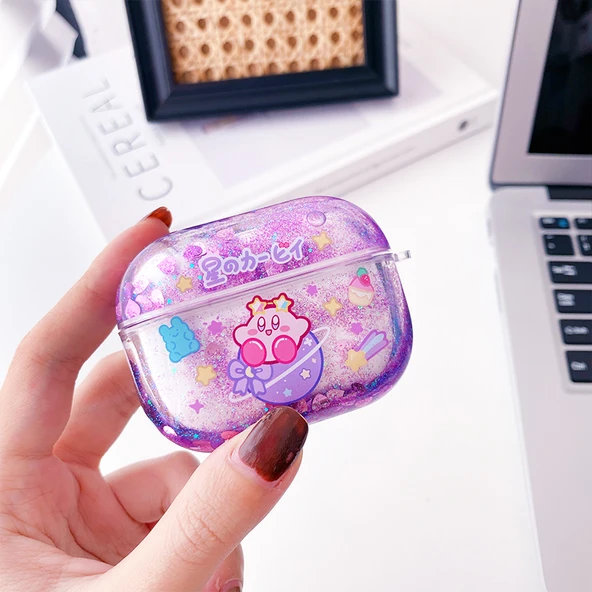 Airpods Pro/Pro2 için Sevimli Kirby Kum Saati Koruyucu Kılıf - Mor Yıldız Kabi (Hoparlör Deliği Yok)