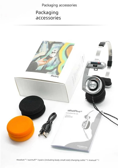 Bluetooth Retro Kulaklık - Yıldız Ay Gümüş - Turuncu/Siyah Süngerli - Resim 5