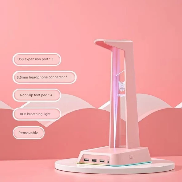 RGB Çok Fonksiyonlu Kulaklık Standı - USB Hublı - Boyutsal Toz Pembe