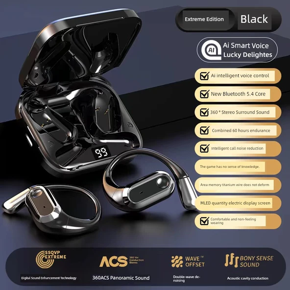 Kemik İletimli Bluetooth Spor Kulaklık - TJ108 Sessiz Gece Siyahı - AI Ses Kontrolü