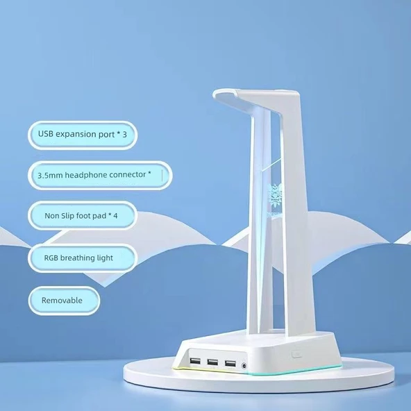 RGB Çok Fonksiyonlu Kulaklık Standı - USB Hublı - Zarif Beyaz