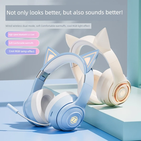 Kedi Kulaklı Kablosuz Bluetooth Kulaklık - LV6 Kahve - 2