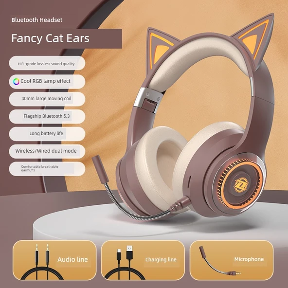 Kedi Kulaklı Kablosuz Bluetooth Kulaklık - LV6 Kahve