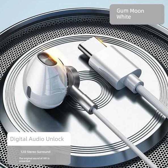 Type-C Beyaz Düz Başlıklı Kulak İçi Kulaklık - Ses Düğmeli + Mikrofonlu Numaralı Kilitli 12D Stereo
