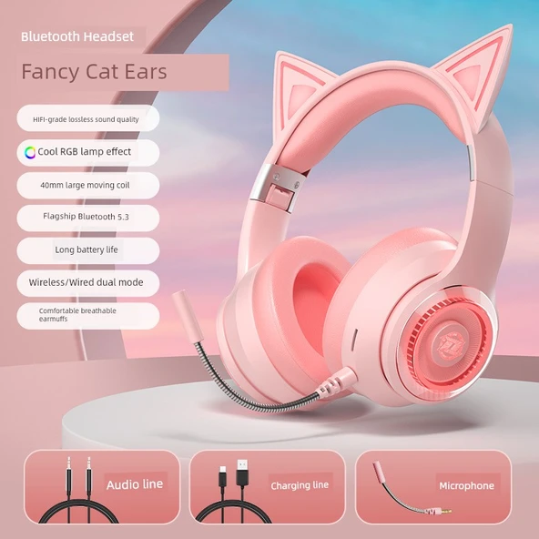 Kedi Kulaklı Kablosuz Bluetooth Kulaklık - LV8 Pembe