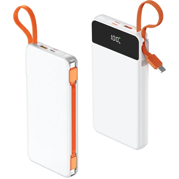 Powerbank 10.000 mAh Beyaz Taşınabilir LED Gösterge, Type-C/Micro USB