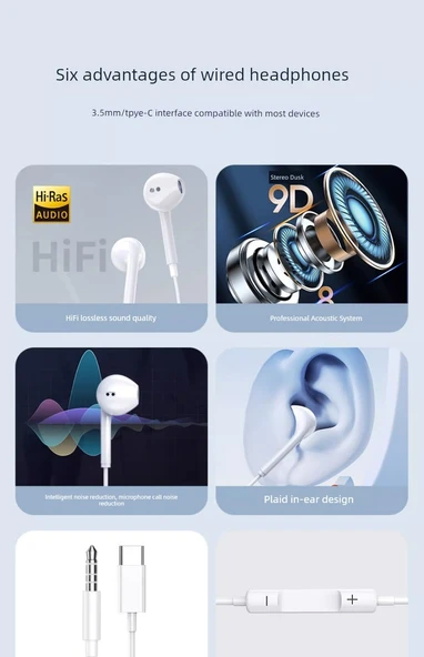 Apple 15-16 Uyumlu Type-C Düz Girişli Siyah Kablolu Kulaklık - Resim 7