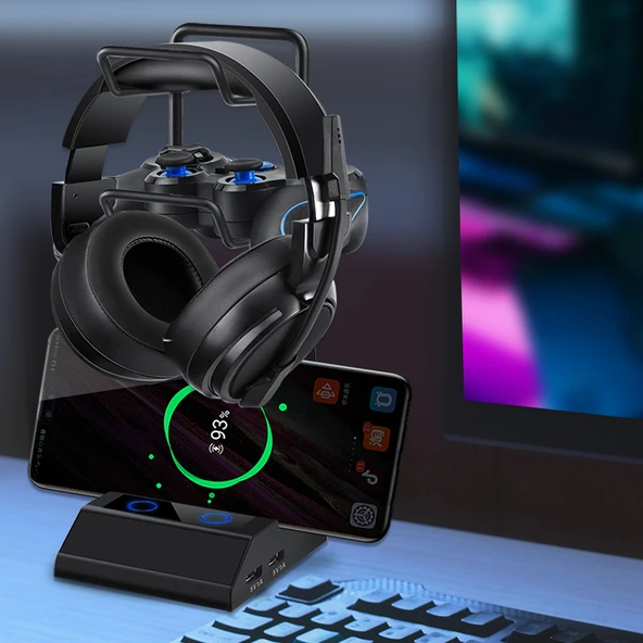 Çift Katmanlı Kulaklık ve Gamepad Standı - Kablosuz Şarjlı - Siyah - 2