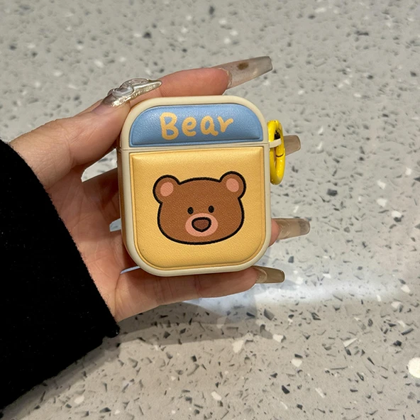 Sevimli Hayvan Deri AirPods 1/2 Kılıf - Sarı Ayı