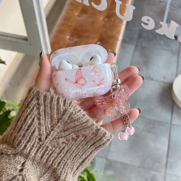 Airpods 4 Kılıf - Kristal Kelebek Desenli + Kelebek Kolye-1