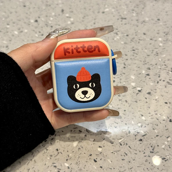 Sevimli Hayvan Deri AirPods 4 Kılıf - Mavi Desenli
