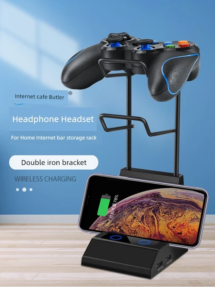 Çift Katmanlı Kulaklık ve Gamepad Standı - Kablosuz Şarjlı - Siyah - 8