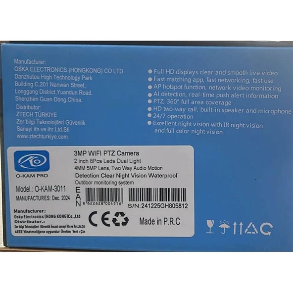 O-Kam 3011 Dual Lens Wifi Akıllı Kamera , Yapay Zeka, Gece Görüş, Karşılıklı Konuşma (Tek Kamera) - 6