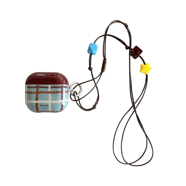 AirPods 1/2 Kılıf - Retro Ekose Desenli - Kahverengi/Mavi Kordonlu