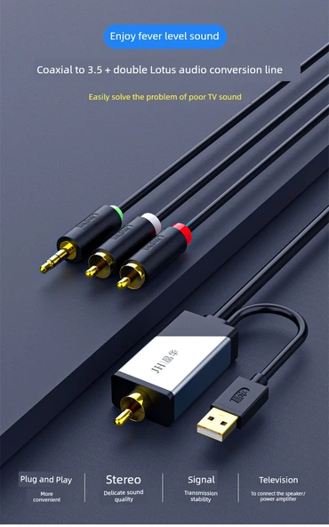 TV Ses Adaptör Kablosu - Siyah - 10m - Koaksiyel - 3.5mm + 2RCA - 7