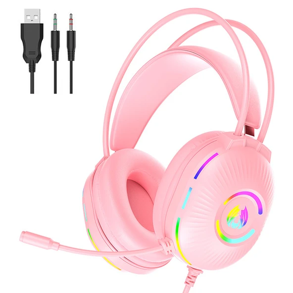 H800 Pembe Kablolu Oyuncu Kulaklığı - Mikrofonlu ve RGB Işıklı