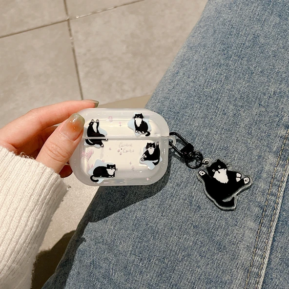 Mavi Yıldızlı Siyah Kedi AirPods Kılıfı ve Kolye - 3