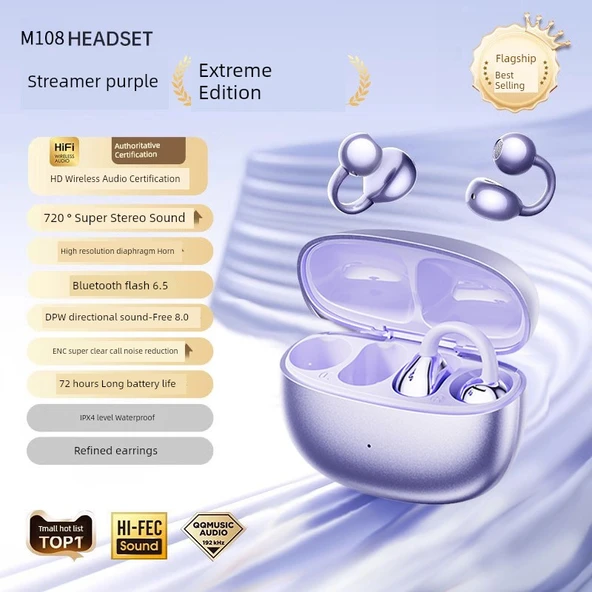 Kulak Klipsli Bluetooth 5.4 Kulaklık - M108 - Mor Extreme Versiyon