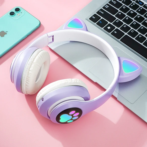 Kedi Kulaklı Bluetooth 5.0 Kablosuz Kulaklık STN28 - Orkide Moru