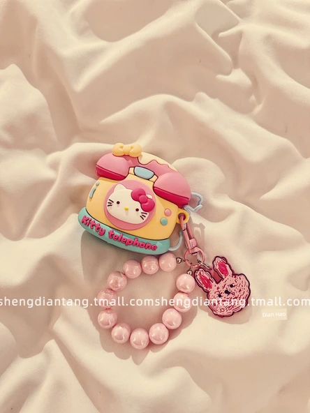 Hello Kitty AirPods Pro 2. Nesil Kılıf - Pembe KT Telefon + Pembe Boncuklu Tavşan Zincir - 6