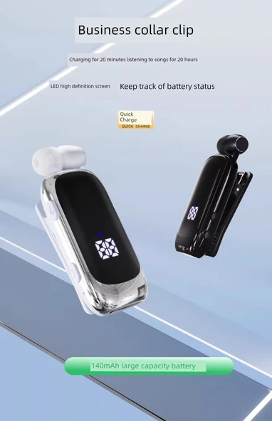 Bluetooth 5.4 Tek Kulaklık - Hızlı Şarjlı - Klipsli - Beyaz Mavi 10 Saat Gürültü Önleyici - 7