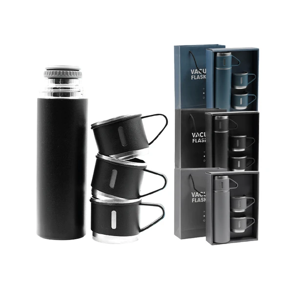 Elegance Termos Seti: 500ml Termos & 3 Bardak, Şık Karton Ambalaj