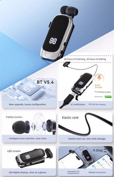 Bluetooth 5.4 Tek Kulaklık - Hızlı Şarjlı - Klipsli - Beyaz Mavi 10 Saat Gürültü Önleyici - 9