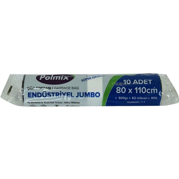 Polmix Jumbo Boy Siyah Çöp Torbası 80x110Cm 500G 62Mik 90Lt 10lu