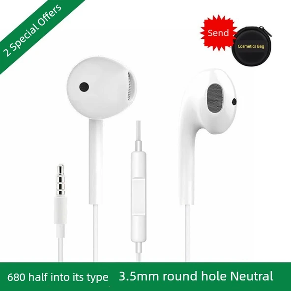 3.5mm Evrensel Kulak İçi Kulaklık - 680 Yarım Kulaklık İki Basit Set + Makyaj Çantası