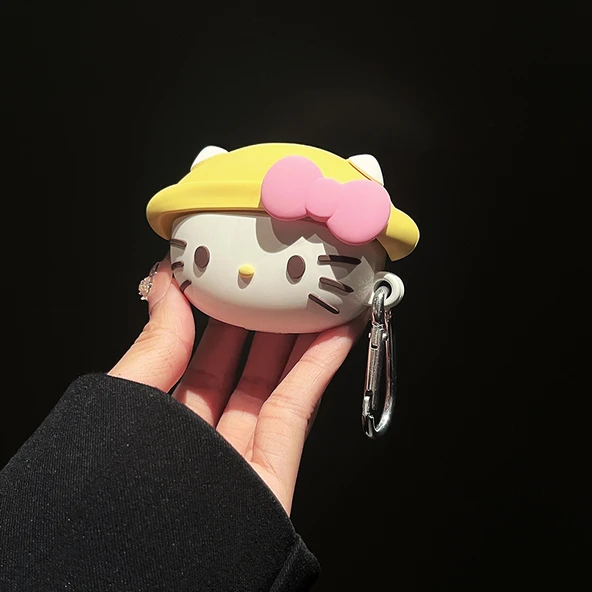 Huawei FreeBuds 5 Uyumlu Küçük Sarı Şapkalı KT Kedi Silikon Kılıf ve Kanca