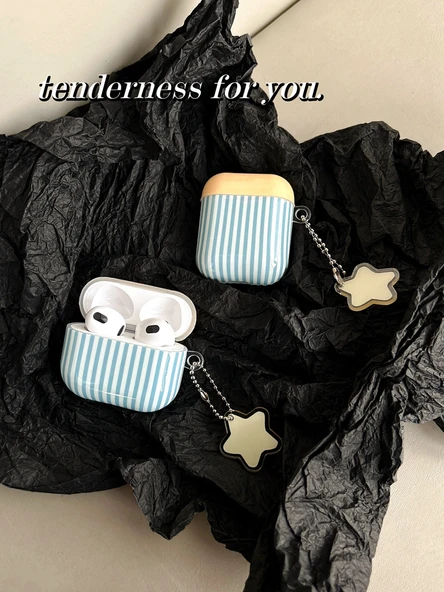 AirPods 3 Uyumlu Kore Tarzı Şeritli Yıldız Kolye Koruyucu Kılıf - Sarı/Mavi - 4