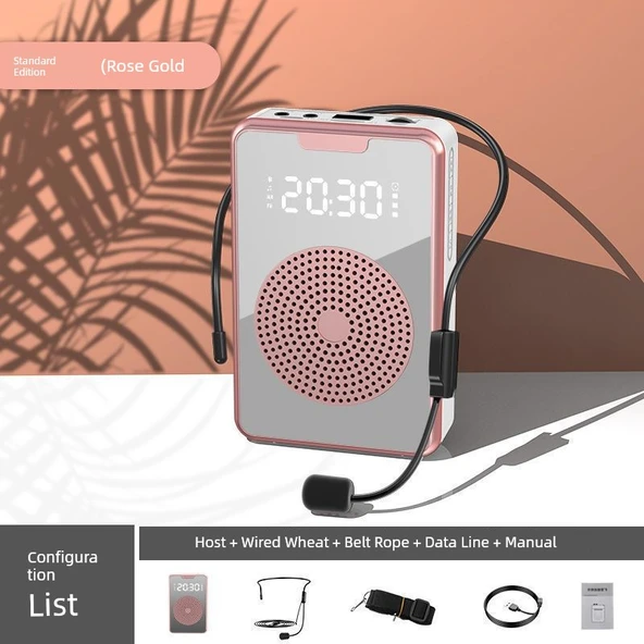 Bluetooth'lu Kablolu Hoparlör - Pembe Altın - Çalar Saat ve Kayıt Özellikli