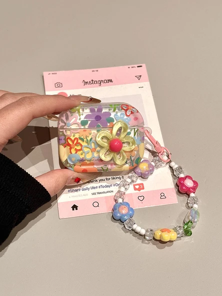 Çizgi Sanat Çiçek AirPods 4 Kılıf - Stereo Çiçek ve Zincir - 7
