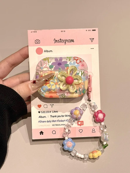 Çizgi Sanat Çiçek AirPods 4 Kılıf - Stereo Çiçek ve Zincir - 5