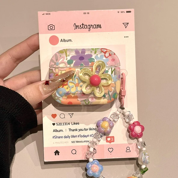 Çizgi Sanat Çiçek AirPods 4 Kılıf - Stereo Çiçek ve Zincir