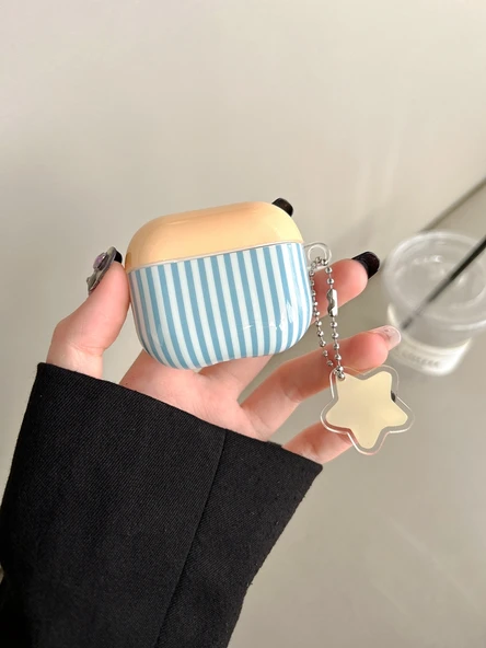 AirPods 3 Uyumlu Kore Tarzı Şeritli Yıldız Kolye Koruyucu Kılıf - Sarı/Mavi - 6
